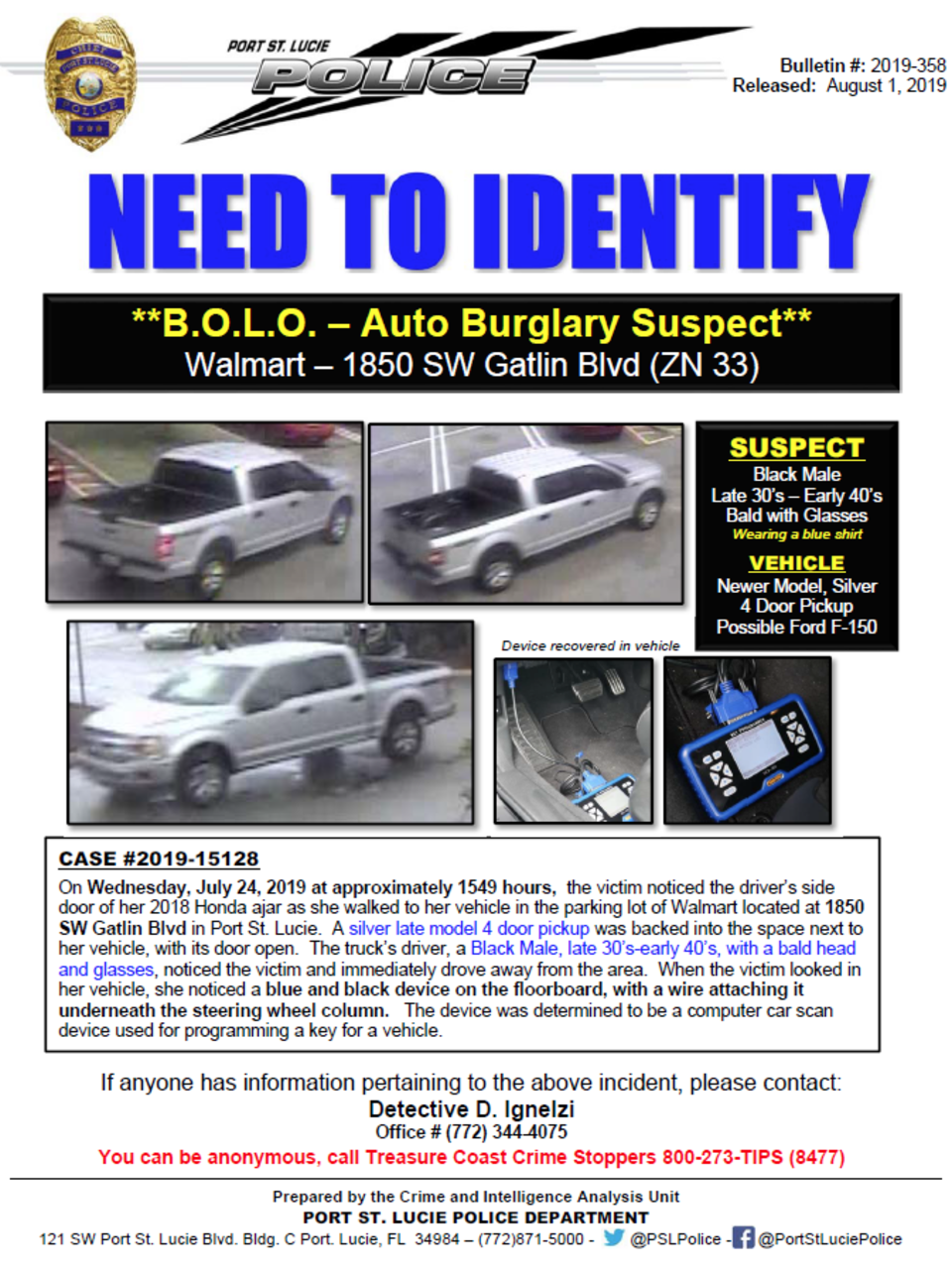 Port St Lucie Police Are Searching For An Auto Burglary Suspect