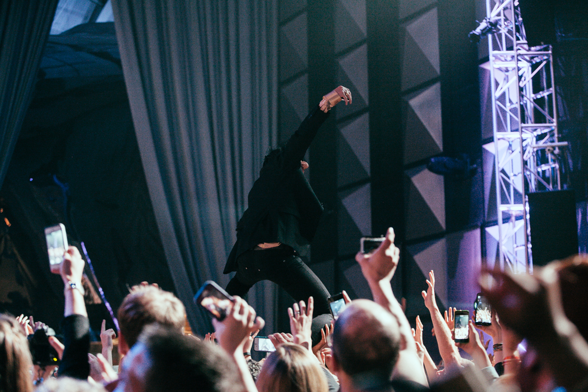 Macklemore and Ryan Lewis made a special appearance at EMP’s Vivid event for the new exhibition Spectacle. The new exhibit is all about music videos so in the spirit Macklemore and Ryan Lewis performed their award winning Thrift Shop and Can’t Hold Us to a screaming crowd. May 16th 2014. (Joshua Lewis / Seattle Refined)